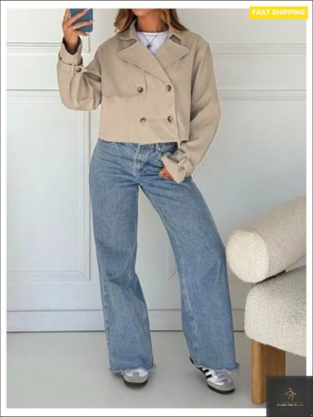 Cropped Trench Coat Lapel Collar Double Breasted Lightweight Business Casual - Picture 5 of 5
